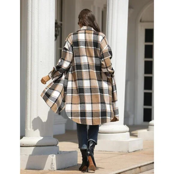Women's Flannel Plaid Shacket Fall Oversized Long Button Down Shirt Jacket Shack
